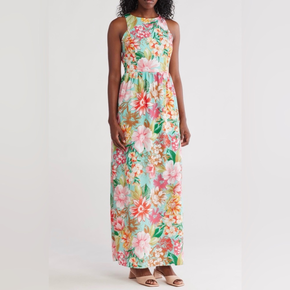 Vince Camuto Turquoise Floral Halter Neck‎ Sleeveless Maxi Dress
